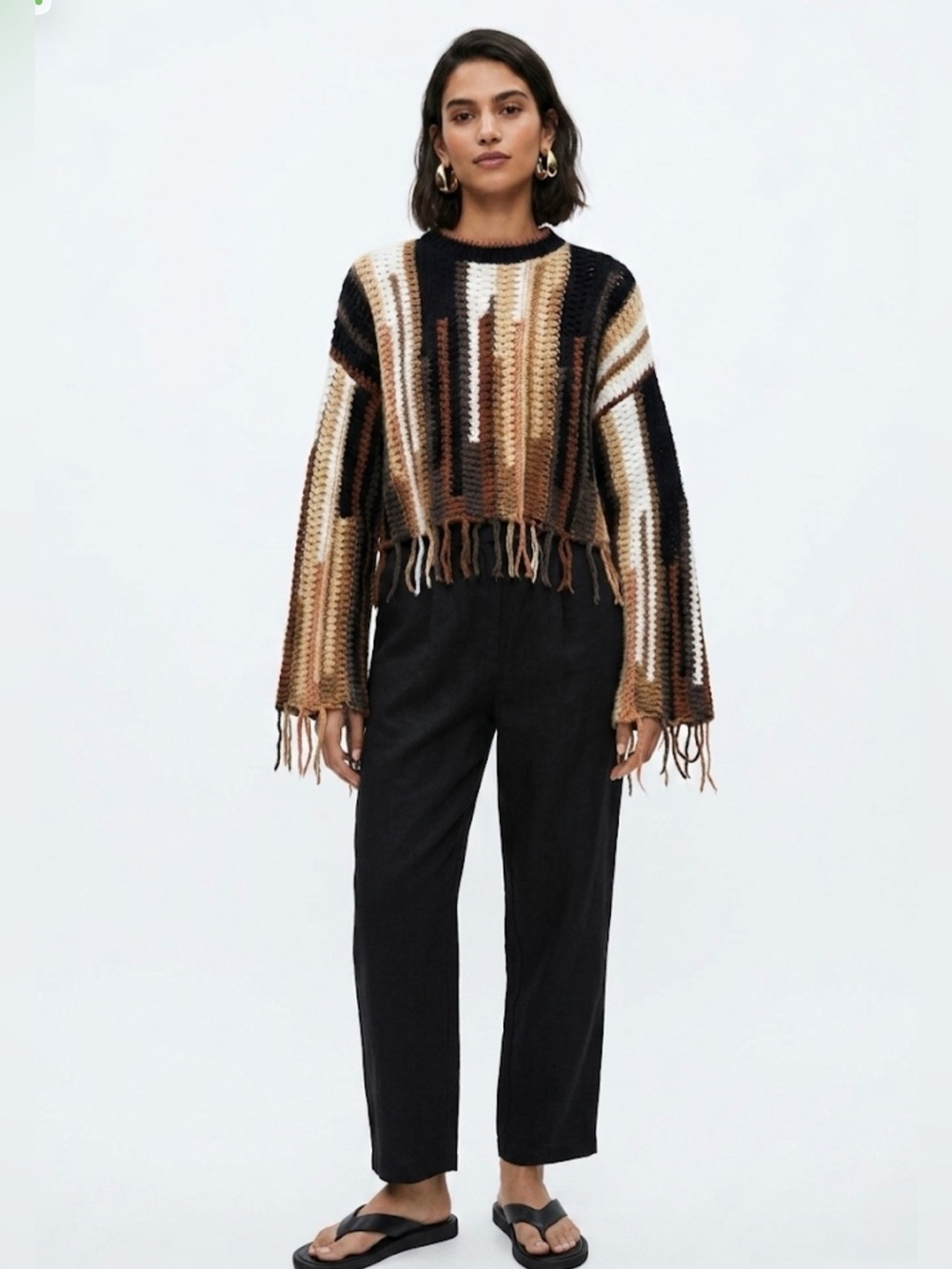 Zara Cropped Striped Fringe Knit Sweater - Brown Multi
